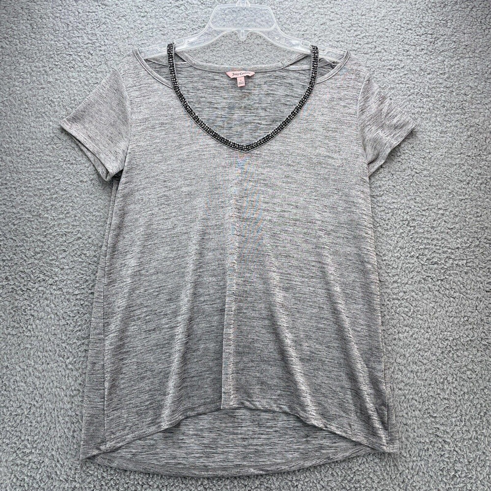 JUICY COUTURE Shirt Womens Small Gray Cold Shoulder Top Rhinestone Neckline